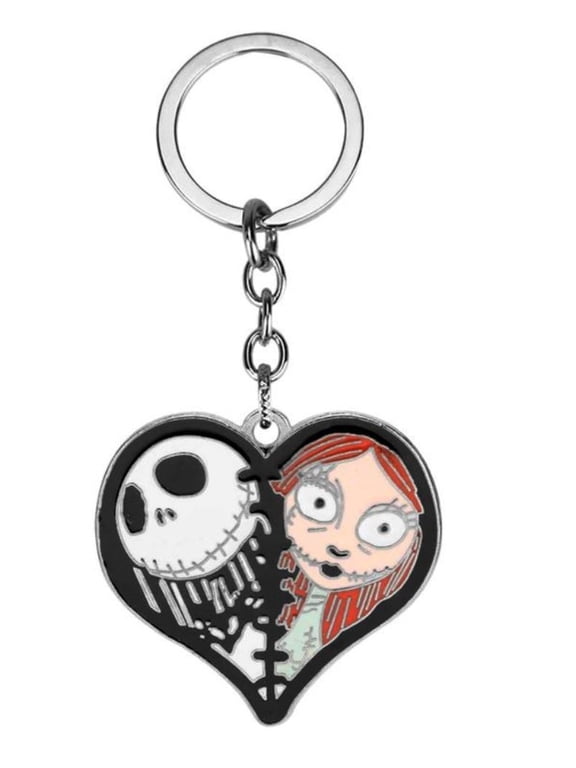 Nightmare Before Christmas Jack and Sally Heart Shape Enamel Metal Keychain