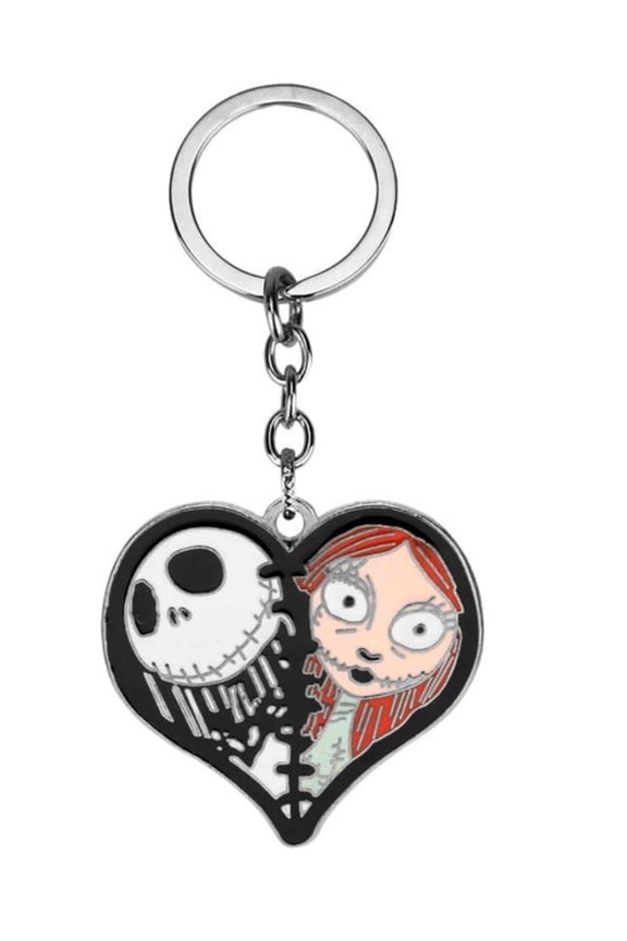 Nightmare Before Christmas Jack and Sally Heart Shape Enamel Metal Keychain