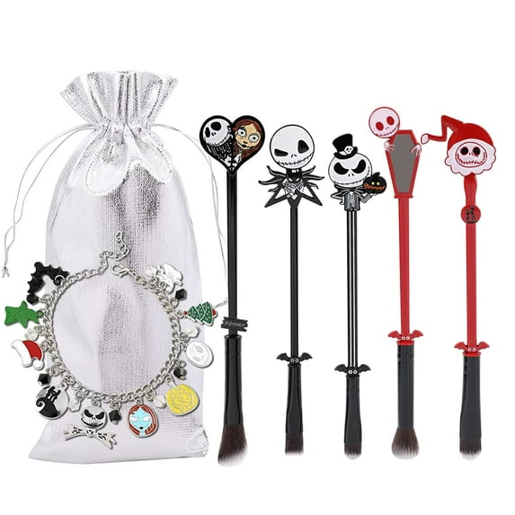 Nightmare Before Christmas Makeup Brushes - 5pcs Corpse Bride Anime Make Up Brush Set Silver Drawstring Bag Included