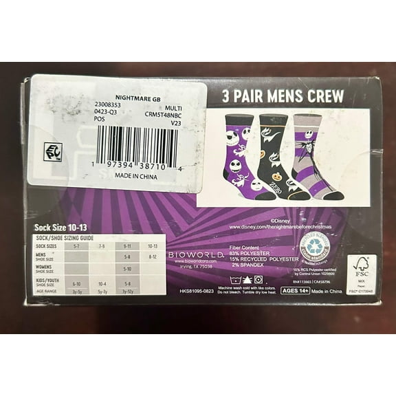 Nightmare Before Christmas Men's 3-Pack of Crew Socks with Novelty Gift Box, Sizes 8-12