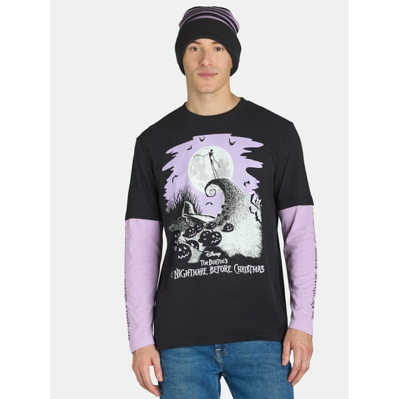 Nightmare Before Christmas Men's & Big Men's Long Sleeve Graphic Tee Shirt and Beanie Hat Set, Sizes XS-3XL