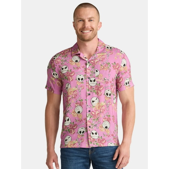 Nightmare Before Christmas Men's and Big Men's Flowers Toss Graphic Button Up Shirt, Sizes S-3XL
