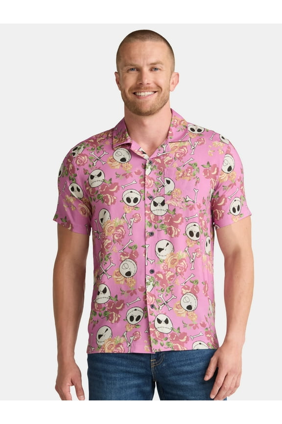 Nightmare Before Christmas Men's and Big Men's Flowers Toss Graphic Button Up Shirt, Sizes S-3XL
