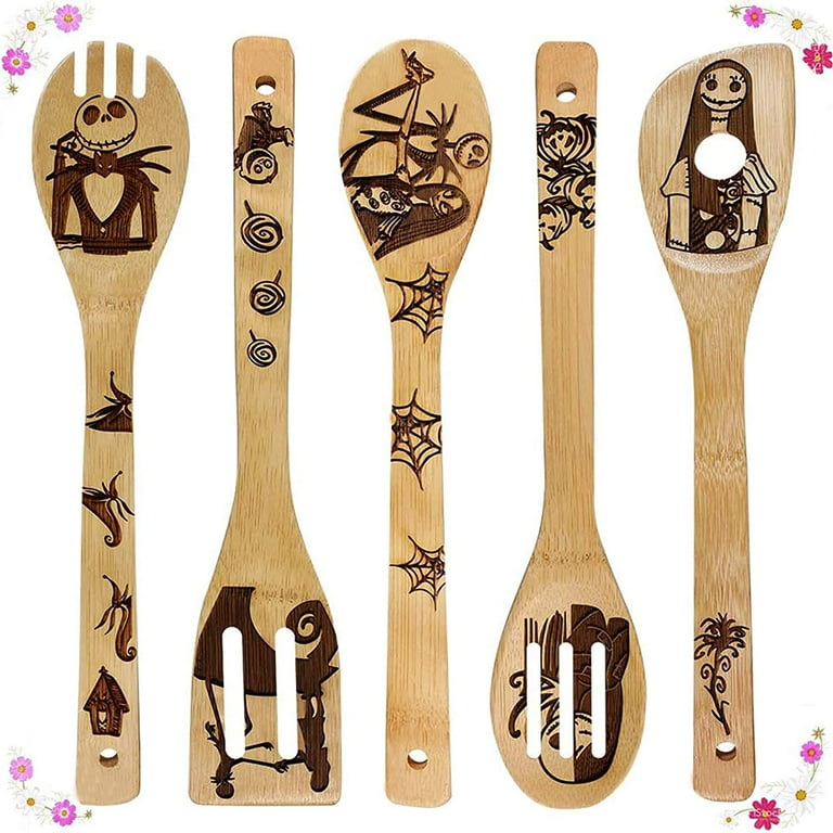 Nightmare Before Christmas Wooden Spoons for Cooking,Funny Burned Spoons cooking  Utensils Set,Pumpkin King Kitchen Accessories for Halloween  Decorations,Housewarming Gifts for Friends(Set of 5) 