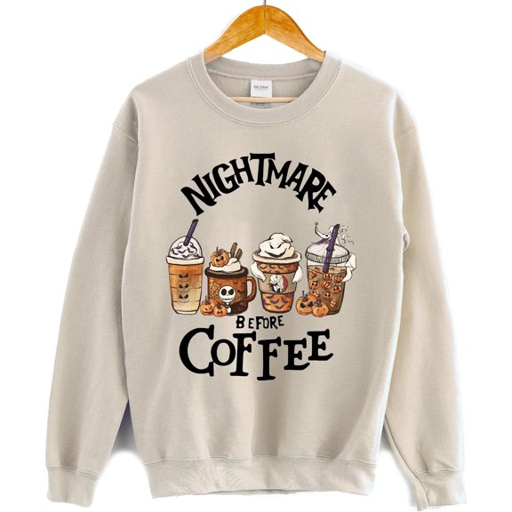 Nightmare Before Coffee Graphic Pullover Sweatshirt, Halloween Pumpkin Latte