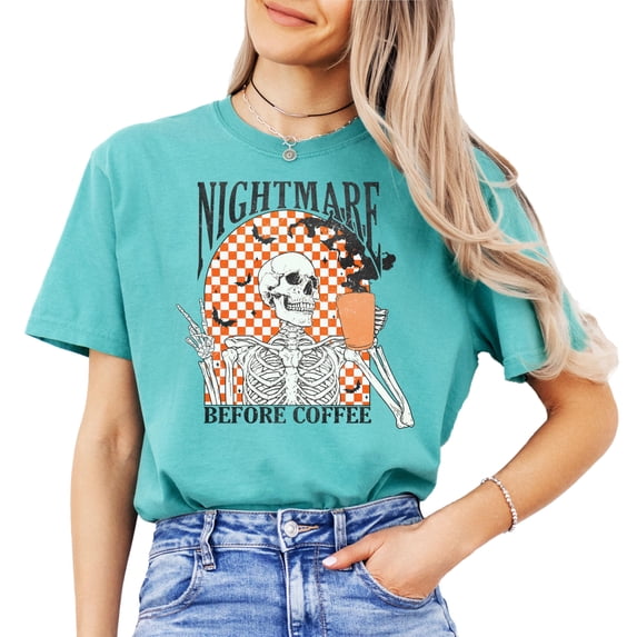 Nightmare Before Coffee Halloween T-Shirt for Women and Teens Funny Retro Skeleton and Bats Tee Seafoam Shirt Adult Large