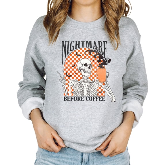 Nightmare Before Coffee Sweatershirt for Women and Teens Funny Retro Skeleton Halloween Gray Sweatshirt Adult X-Large