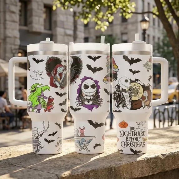 Nightmare Before Christmas 40oz Tumbler with Handle – Jack & Sally -Style Travel Mug | Disney Gothic Halloween Christmas Tumbler with Straw | NBC Gift for Fans