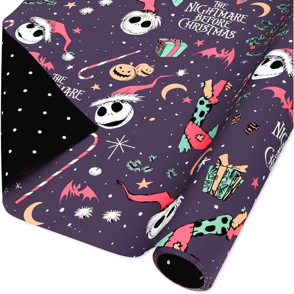 Nightmare Before Christmas Black Christmas Wrapping Paper Rolls, Black and Red Holiday Gift Wrap (40 sq. ft., 1 Reversible Roll-30 in. x 16 ft.) Jack Skellington, Sally, Polka Dots