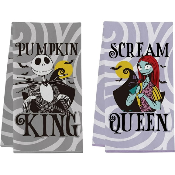 Nightmare Christmas Kitchen Towels, Nightmare Before Halloween Kitchen Bathroom Decorations, 2 Pack Funny Hand Towels for Women Men, Jack Sally Gothic Home Decor, Pumpkin King & Scream Queen
