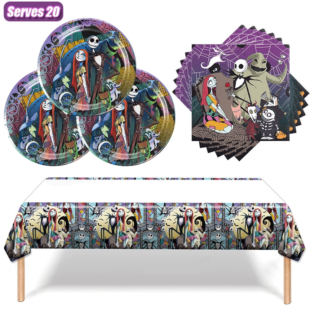 Nightmare Before Christmas Party Supplies Tableware Set Disposable Halloween Tablecloth,Plates and Napkins for Nightmare Christmas Birthday Decorations for Halloween Party Supplies, Serve 20