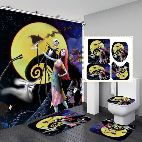Nightmare Before Christmas Shower Curtain Bathroom 4 Pieces Set Toilet Lid Cover and Bath Mat, Non-Slip Rugs Durable and Waterproof, for Bathroom Decor Set, 72" x 72"