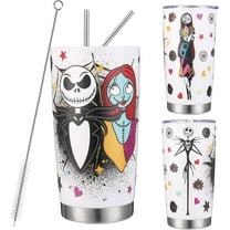 Nightmare Before Christmas Tumbler Cup with Straws and Lid, Jack and Sally Nightmare Before Christmas Gift for Women Friend Wife Daughter, Double-wall Stainless Steel Vacuum Insulated, 20 Oz