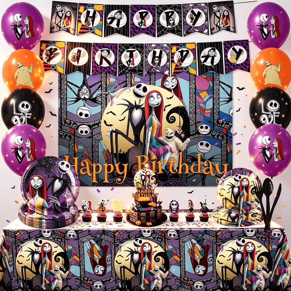 The Nightmare and Before Christmas themed birthday party supplies include birthday banner, backdrop, tablecloths, plates, balloons, cake decorations, and party theme suitable for both boys and girls