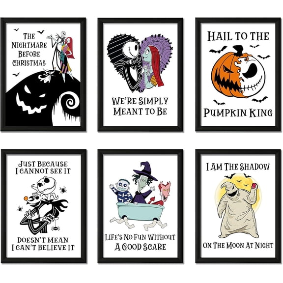 Nightmare Before Halloween Posters, Halloween Kitchen Bathroom Wall Decorations, Set of 6 Nightmare Christmas Art Prints for Room Decor, Jack Sally Gothic Party Supplies, 8x10 inch, Unframed