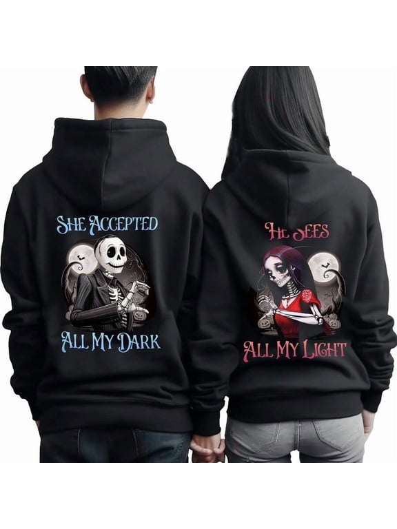 Nightmare Before Merch Christmas Jacks & Sallys Matching Couple Hoodies Set, "She Accepted All My Dark / He Sees All My Light" Black Pullover Hoodie For Couples, Matching Sweatshirts For Him Her