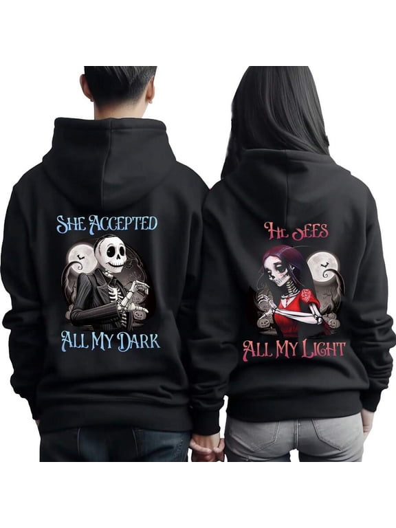 Nightmare Before Merch Christmas Jacks & Sallys Matching Couple Hoodies Set, "She Accepted All My Dark / He Sees All My Light" Black Pullover Hoodie For Couples, Matching Sweatshirts For Him Her