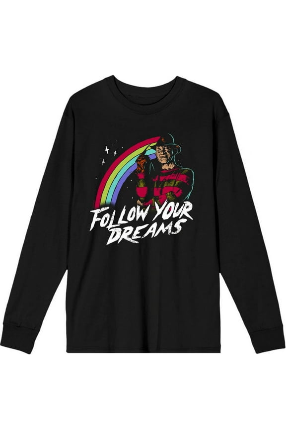 Nightmare On Elm Street Follow Your Dreams Adult Black Crew Neck Long Sleeve Tee-Large