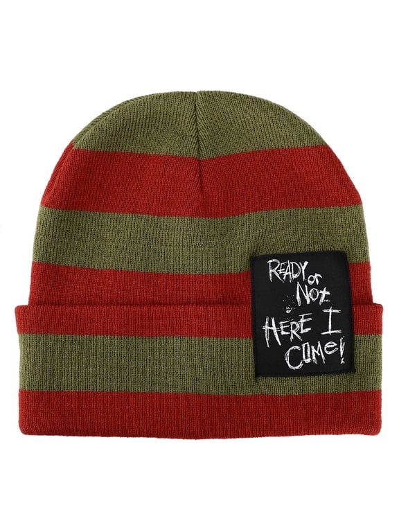 Nightmare On Elm Street Ready Or Not Here I Come Woven Label Striped Cuffed Beanie