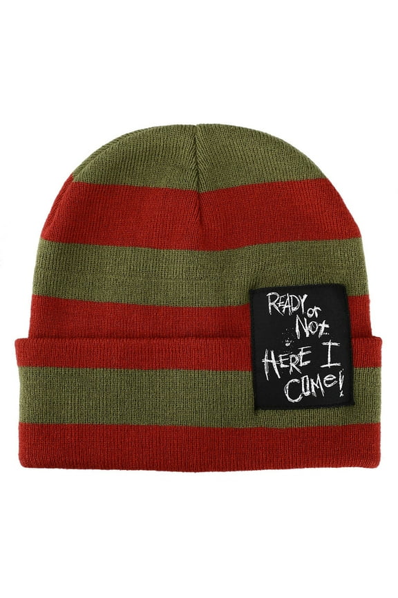 Nightmare On Elm Street Ready Or Not Here I Come Woven Label Striped Cuffed Beanie