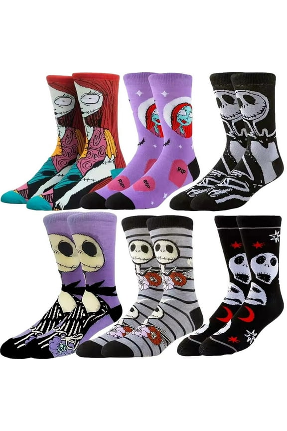 Nightmare before Christmas Jacks & Sally Adult Size Crew Socks Set of 6 Pairs