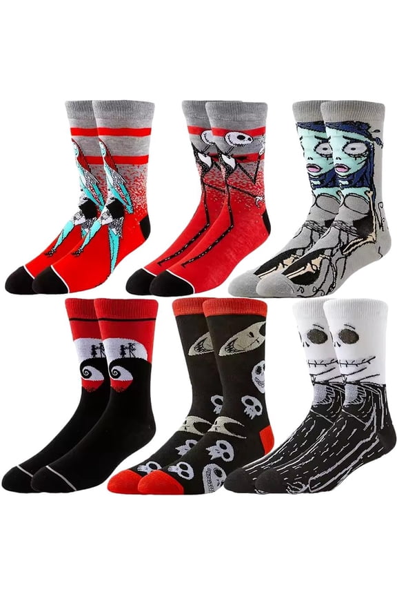 Nightmare before Christmas Jacks & Sally Red/Black Adult Crew Socks Set 6 Pairs