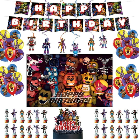 Nights Freddy Party Decorations Freddy's Happy Birthday Party Supplies include Banner ,Balloons,Cake Cupcake Toppers, Freddy's Background
