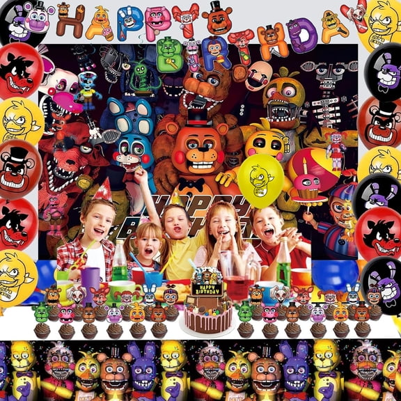 Nights Freddy's Party Decorations Five Freddy's Happy Birthday Party Supplies Set include Banner , Balloons, Cake Cupcake Toppers, Freddy's Background, Tablecloth