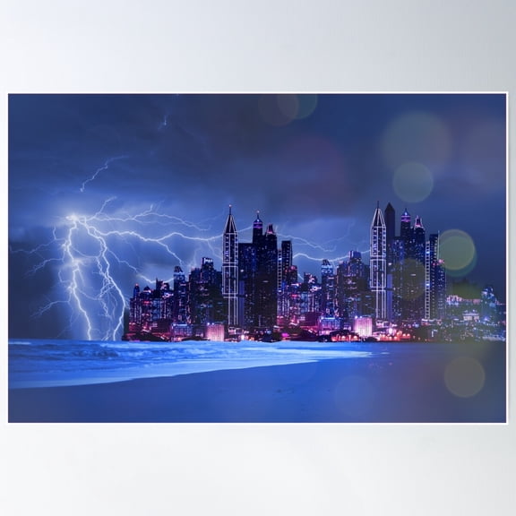 Nightscape Of Sea City Poster Wall Art, Modern Wall Decor For Living Room Bedroom, 8x12 UNFRAMED