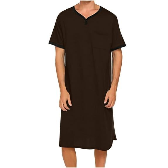 Nightshirt for Men Short Sleeve V Neck Lounge Nightwear Solid Color Casual Long Gown
