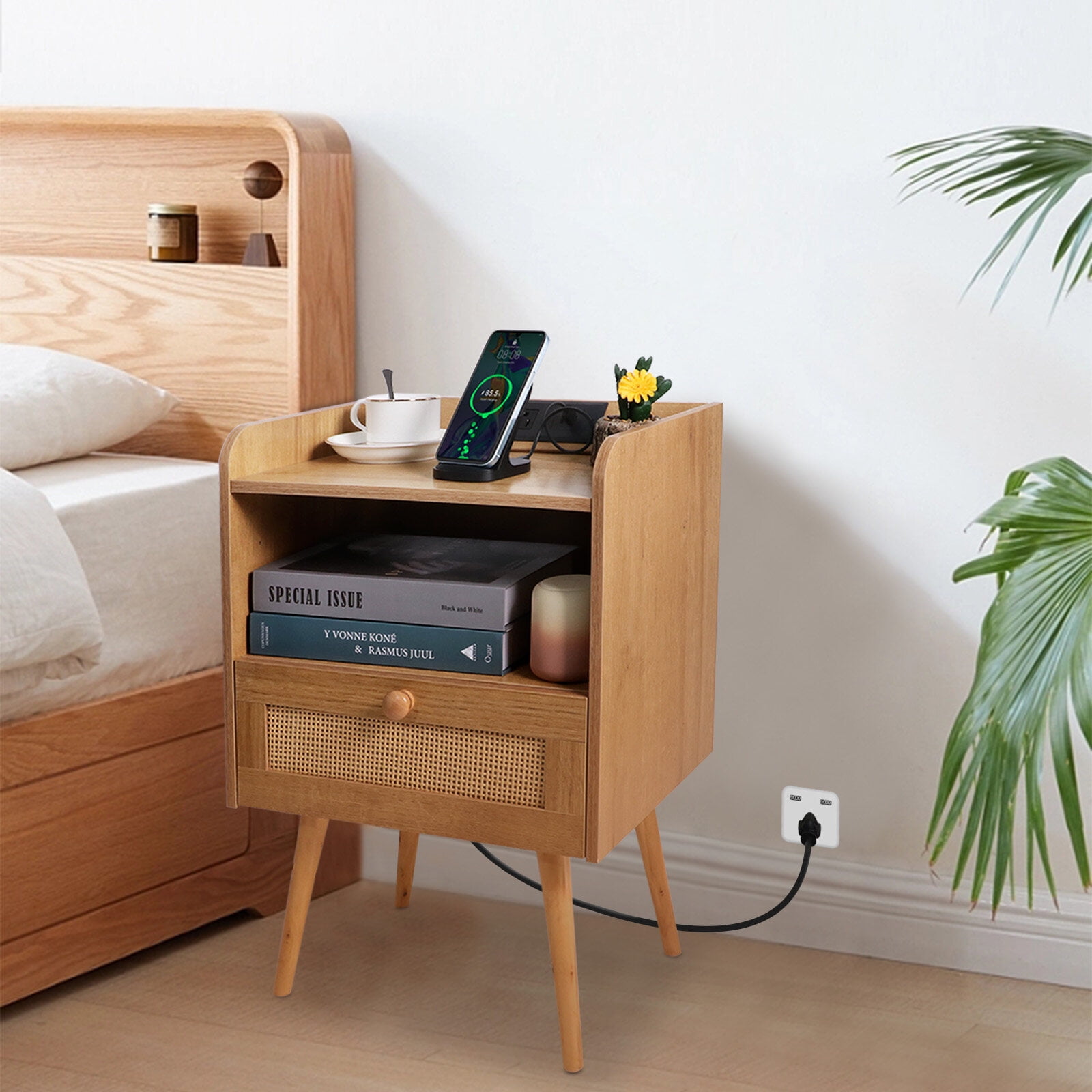 Nightstand 1-Drawer with Charging Station for Bedroom, Bedside Table Easy to Assemble, Nature