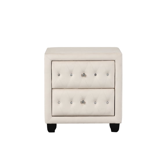 Nightstand, 2-Drawer Bedside Table Upholstered in Cream Velvet Fabric with Crystal Tufted Detailing, Acacia Wood Frame, 26"W x 16"D x 27.5"H, Modern Contemporary Bedroom Furniture