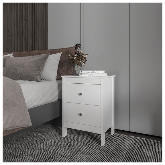 Nightstand with 2 Drawers, FM FURNITURE Nogales Bedside Table, White Compact Design for Bedroom, Living Room, Small Spaces White + Bathroom + Modern + Melamine + Particle Board