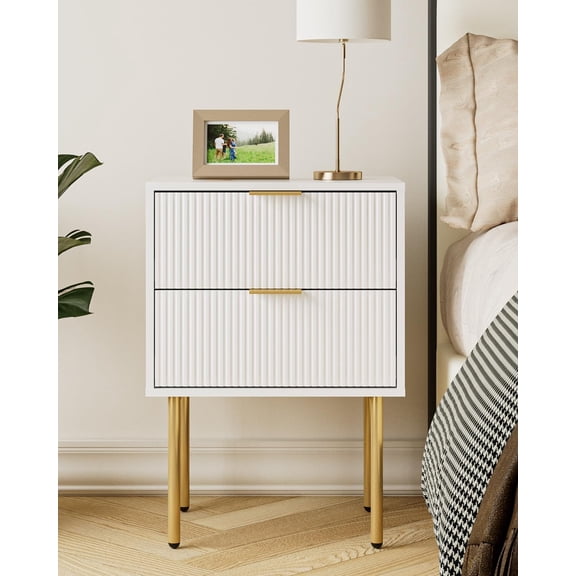 Nightstand with 2 Drawers, White Stripe Night Stand and Gold Frame | Modern Storage Bedside Table with Spacious Drawer, Small Side End Table for Bedroom, Living Room, 15.35"W x 11.42"D x 22.44"H