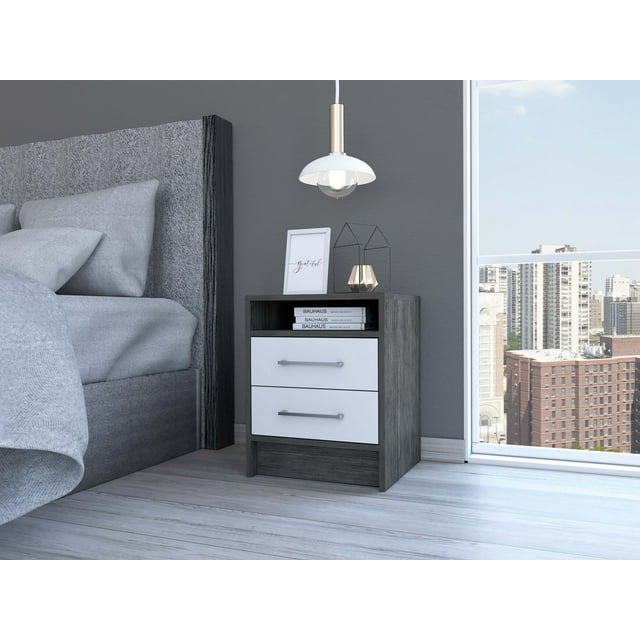 Nightstand with 2 Drawers, Wooden Bedside Table with One Open Shelf and Metal Hardware, Home Storage Cabient for Bedroom, Office, or Living Room, 15.7in x 14.7in x 19.9in, White+Smokey Oak