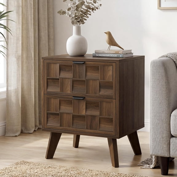 Nightstand with 2 Embossed Checkerboard Pattern Drawers, Bedside Table with Solid Wood Legs, Mid-Century Modern End Table for Bedroom, Study Room, Walnut