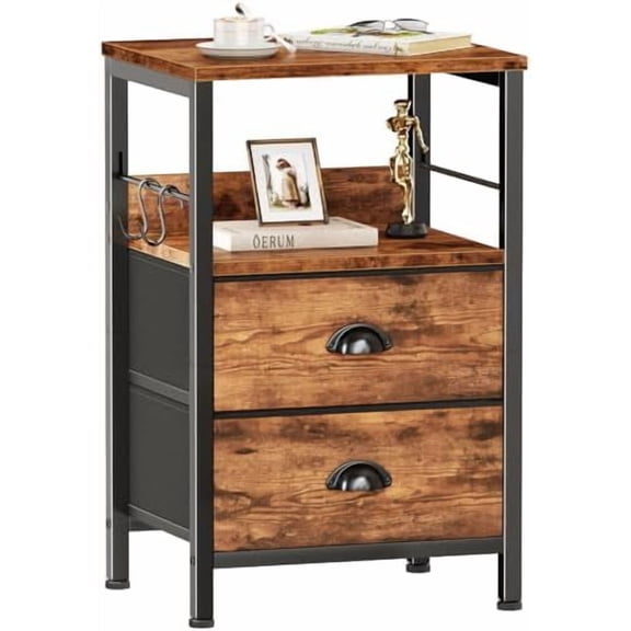 Nightstand with 2 Fabric Drawers, Night Stand with 2-Tier Shelf, Bedside Table with Hooks, Open Wooden Shelf, End Table for Bedroom, Backboard Design, Metal Frame, Rustic Brown