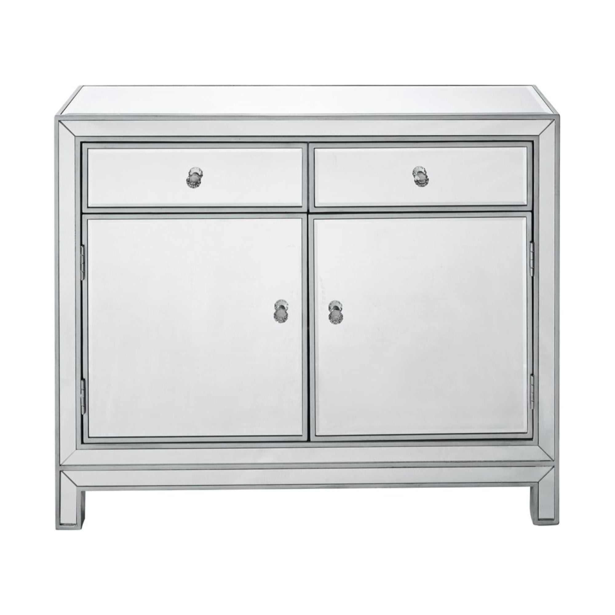 Contemporary 2-Drawer Antique Silver Mirror Nightstand with Crystal Knobs - 38x12x32