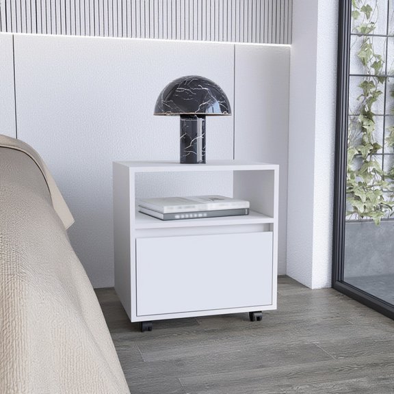 Nightstand 20"H, with One Open Shelf, 1 Drawer and Casters, White