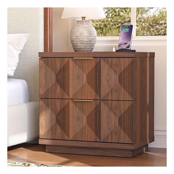 Nightstand with 20W Fast Charging Station, 23.6'' Wide Bedside Table with 2 Geometric Drawers Storage & Handle, Large Modren Wooden Night Stand for Bedroom, Walnut End Table for Sofa Side