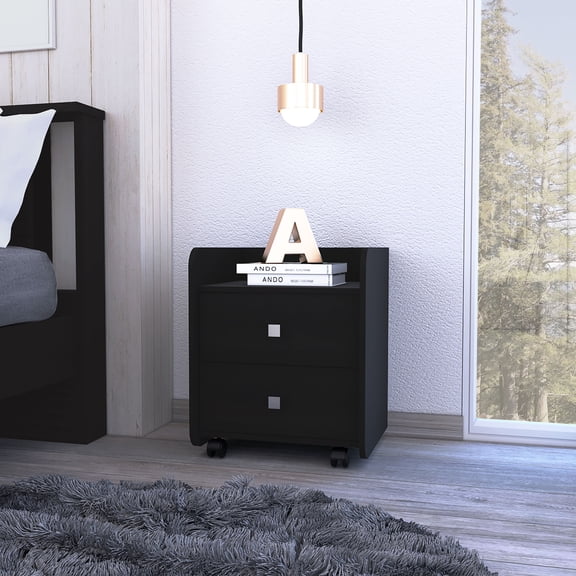 Nightstand 22"H, Two Drawers, Superior Top, Metal Handle, Black