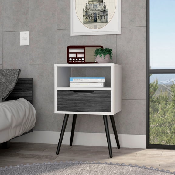 Nightstand 25"H, Superior Top, Four Legs, One Open Shelf, One Drawer, Smokey Oak / White