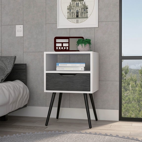 Nightstand 25"H, Superior Top, Four Legs, One Open Shelf, One Drawer, Smokey Oak / White