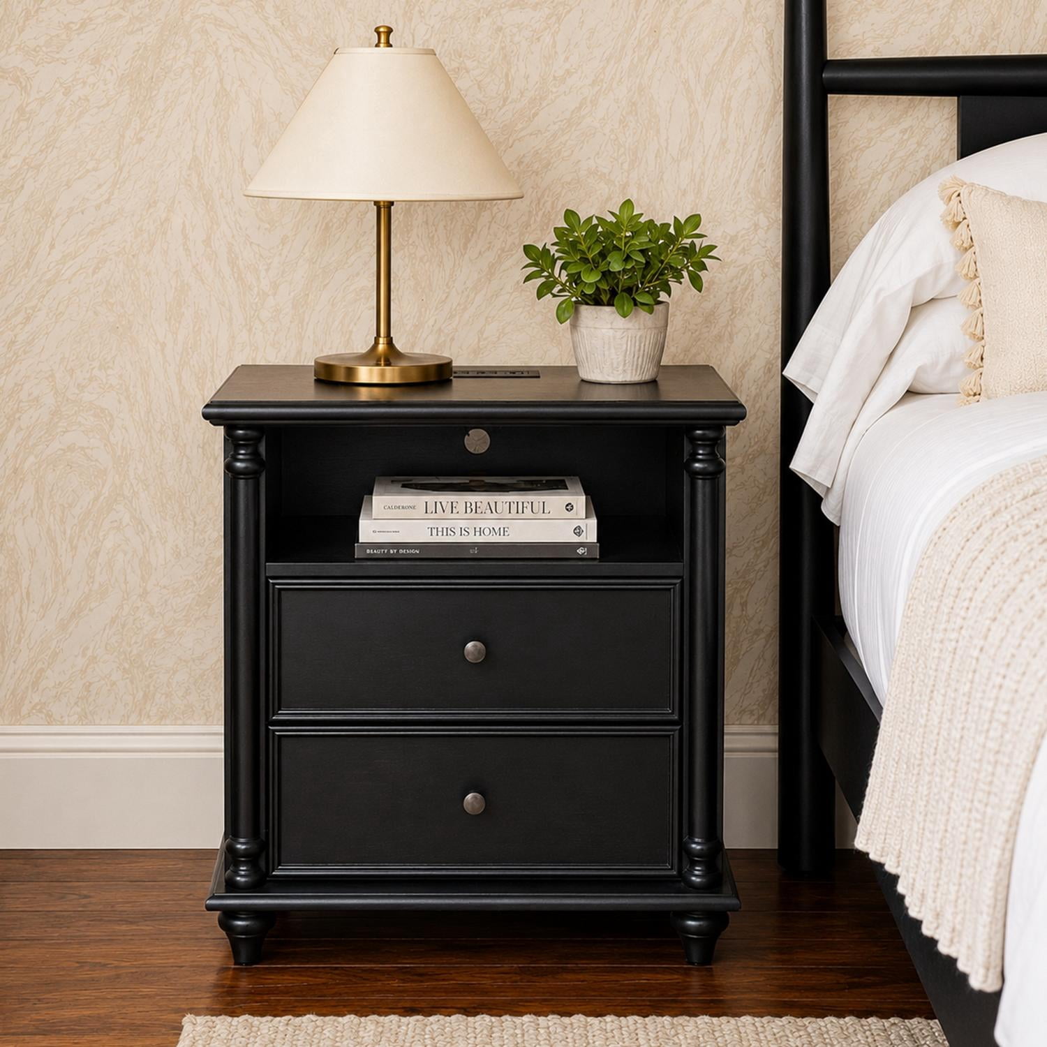 Nightstand 28-Inch with Built-in Charging Station and Solid Wood Legs, Bedside Table and End Table with USB Ports and Outlets for Bedroom, Black