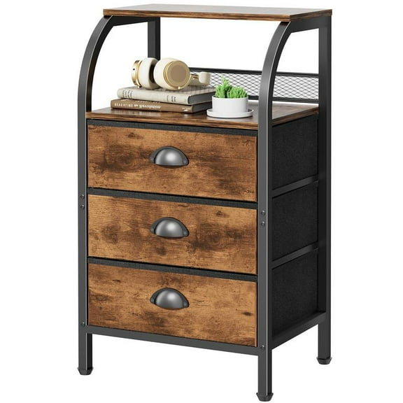 Nightstand with 3 Drawers and 2-Tier Shelf, Fabric Small Dresser Organizer Vertical Storage Tower for Bedroom, Closet, Hallway, Nursery, End Table Side Furniture, Sturdy Steel Frame, Wood Top