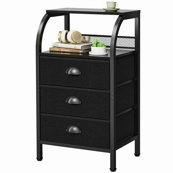 Nightstand with 3 Drawers and 2-Tier Shelf, Fabric Small Dresser Organizer Vertical Storage Tower for Bedroom, Closet, Hallway, Nursery, End Table Side Furniture, Sturdy Steel Frame, Wood Top