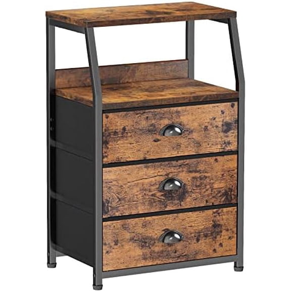 Nightstand with 3 Drawers and 2-Tier Shelf, Fabric Small Dresser Organizer Vertical Storage Tower for Bedroom, Closet, Hallway, Nursery, End Table Side Furniture, Sturdy Steel Frame, Wood Top