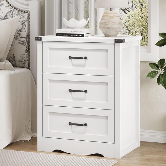 Nightstand with 3 Drawers, 24" Wide Bedside End Table, Rustic Wood Side Table Night Stand with Mental Handle, Tall Modern Small Dresser Chest of Drawers for Bedroom, Living Room, Dorm, White