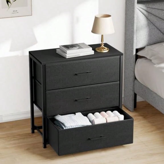 Nightstand with 3 Drawers for Bedroom Storage Drer with Fabric Drawers and Metal Frame for Closet Living Room Bedside Table with Wood Top Easy Pull Handle Black