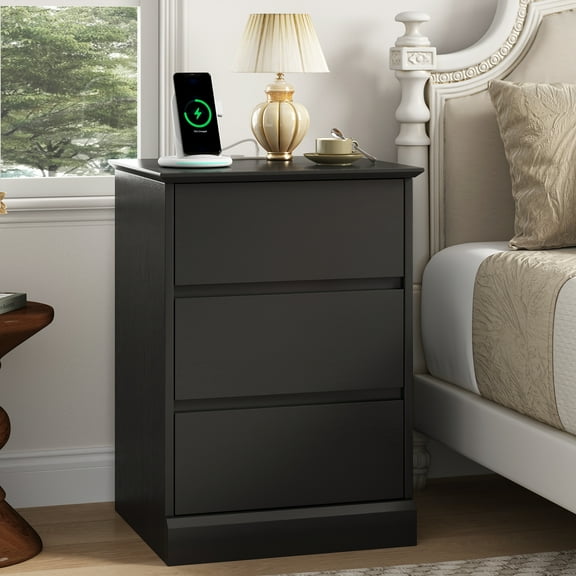 Nightstand with 3 Drawers, Black Bedside Table Night Stand for Bedroom with Charging Station & Cut-Out Handle, Sofa Side Table Dresser for Bedroom(Black)